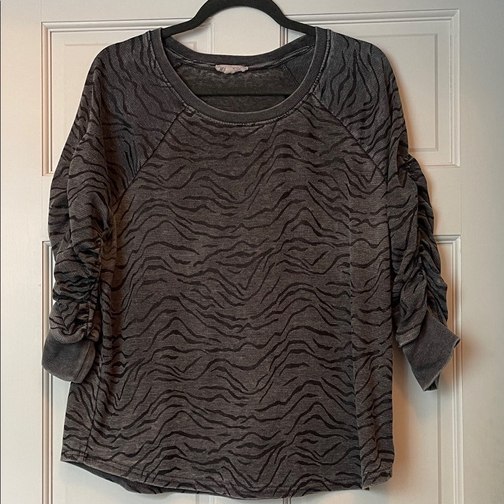 Jane and Delancey Distressed Charcoal Zebra Animal Print Top
